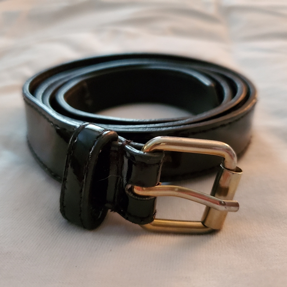 Size 10 Black Patent Leather Skinny Belt with Gold Buckle